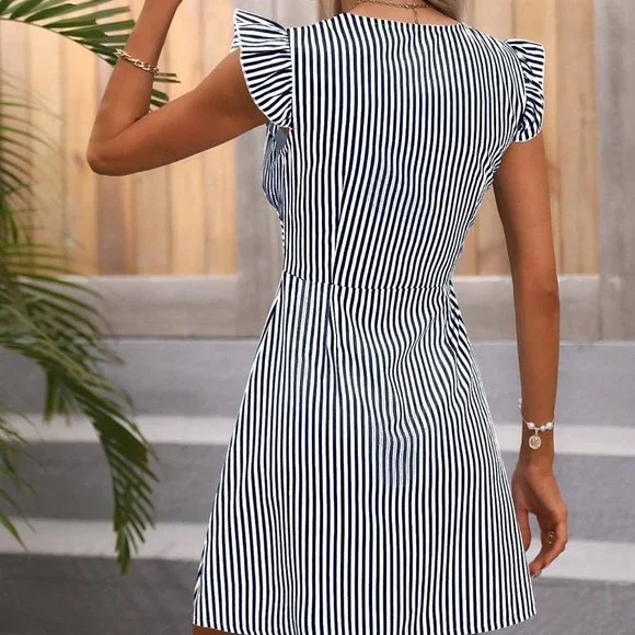 Navy Blue Boho Womens Striped Print Plunging Neck Ruffle Trim Button Front Dre… - Picture 3 of 5